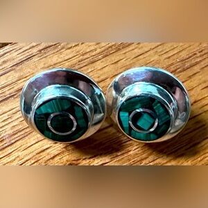 Vintage 925 Mexico Sterling Silver Malachite Black Onyx Inlay Earrings